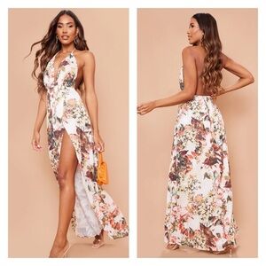 PRETTY LITTLE THING White Floral Print Chiffon Halter Backless Maxi Dress US 12